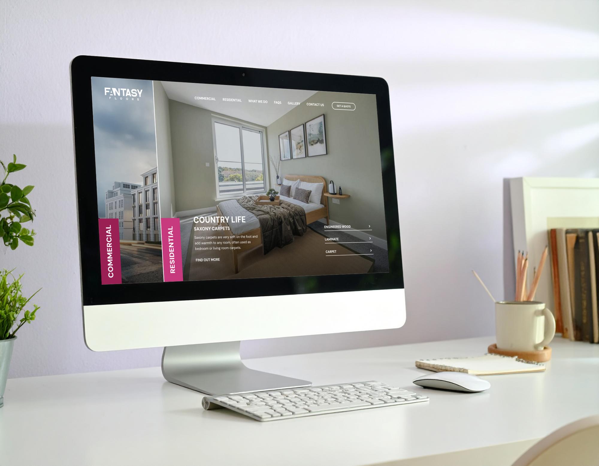 Desktop computer displaying bespoke website for interior design and lifestyle brand with bedroom imagery and navigation menu.