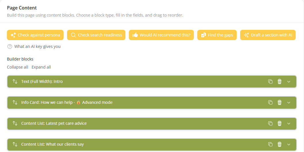 The Motley CMS page editor, showing a page's content blocks as a list of bars with drag handles, and a row of AI helper buttons above them.
