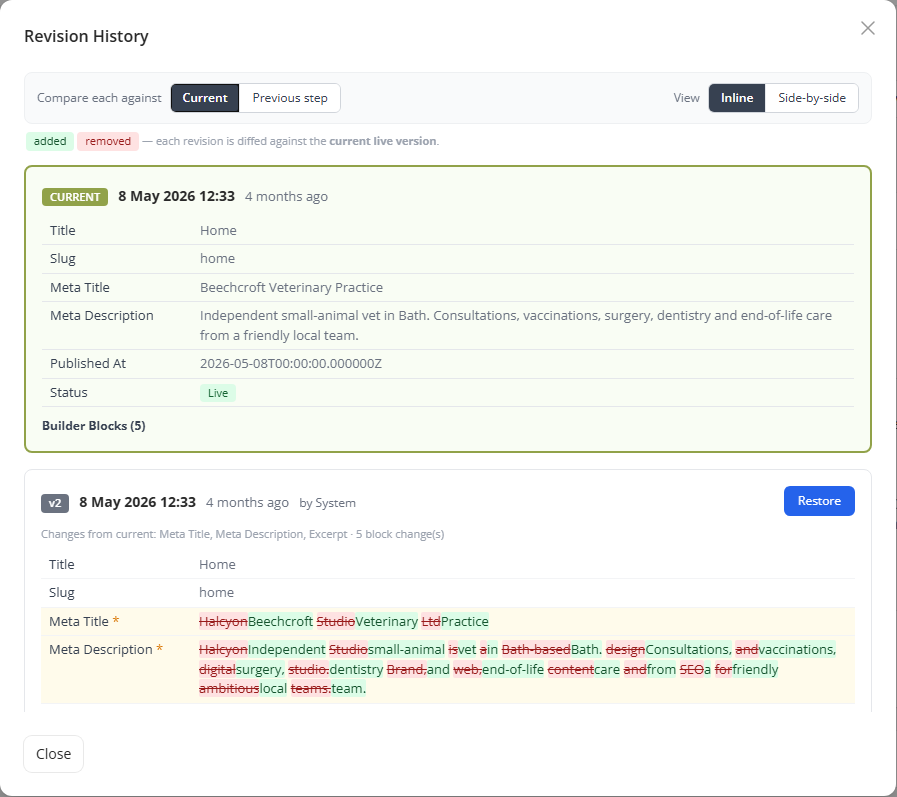 The revision history window in Motley CMS, comparing an older version of a page with the live one, with removed words in red, added words in green and a Restore button.